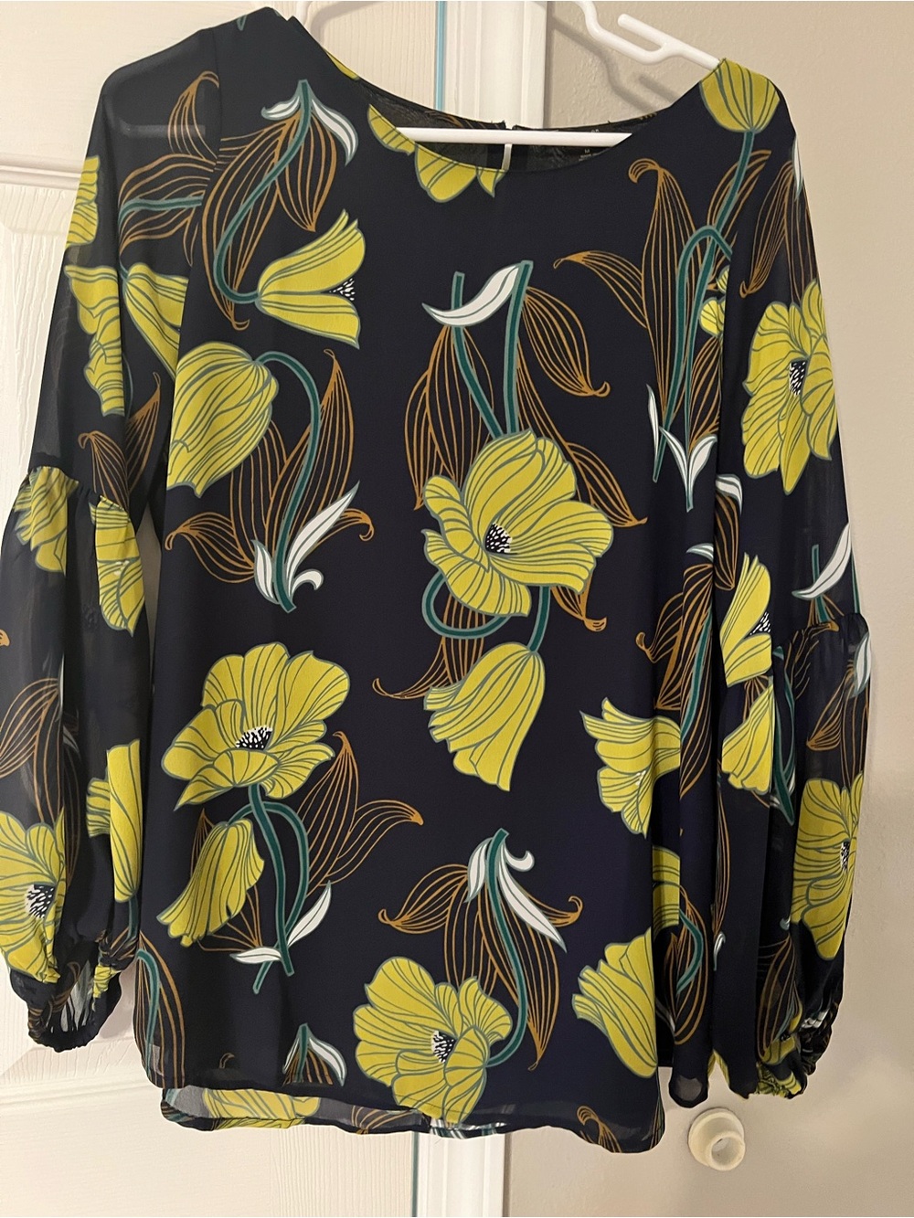AnnTaylor Floral Chiffon Long-Sleeve Blouse in Yellow on Black
